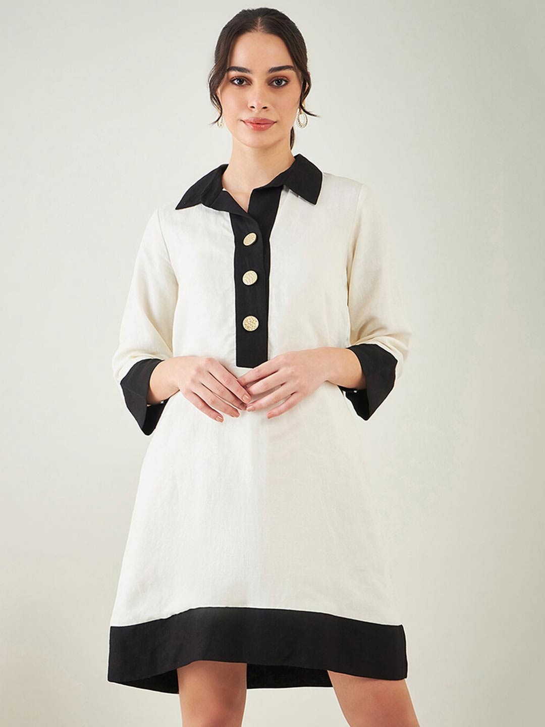 

First Resort by Ramola Bachchan Colourblocked Shirt Collar T-Shirt Dress, Off white