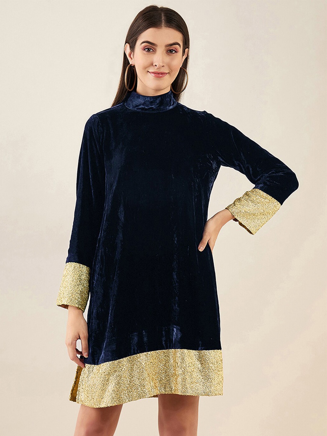 First Resort by Ramola Bachchan High Neck Long Sleeves Sequinned Velvet A-Line Dress, Blue