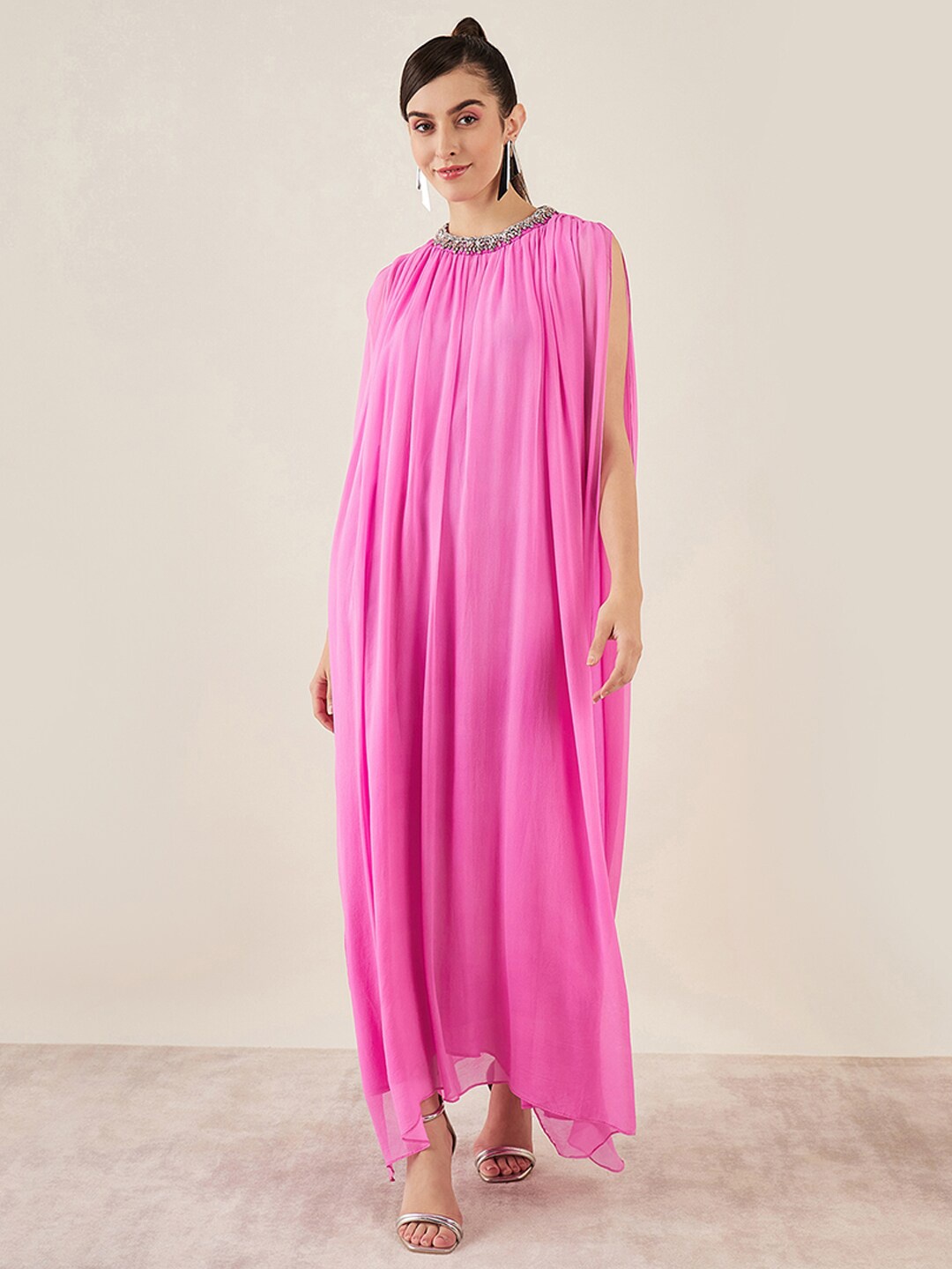 

First Resort by Ramola Bachchan Jewel Neck Silk Made to Measure Maxi Dress, Pink