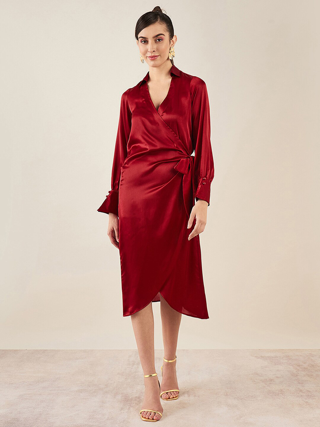 

First Resort by Ramola Bachchan Tulip Hemline Made to Measure Wrap Midi Dress, Maroon