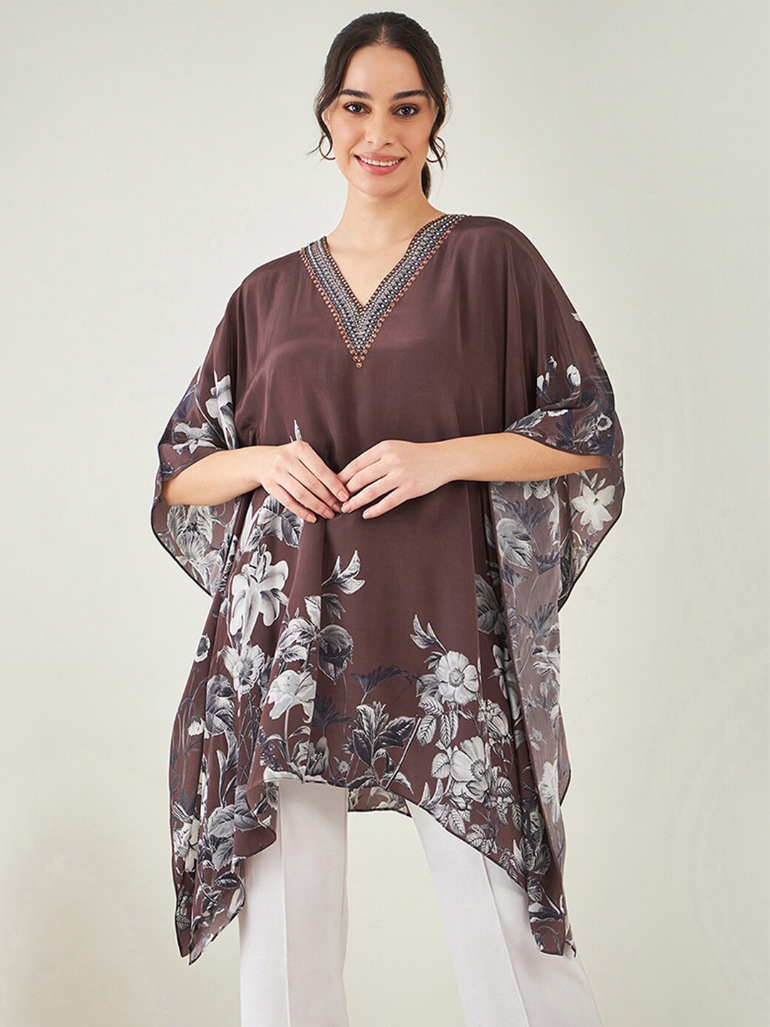 

First Resort by Ramola Bachchan Floral Printed V-Neck Kimono Sleeves Kaftan Longline Top, Brown