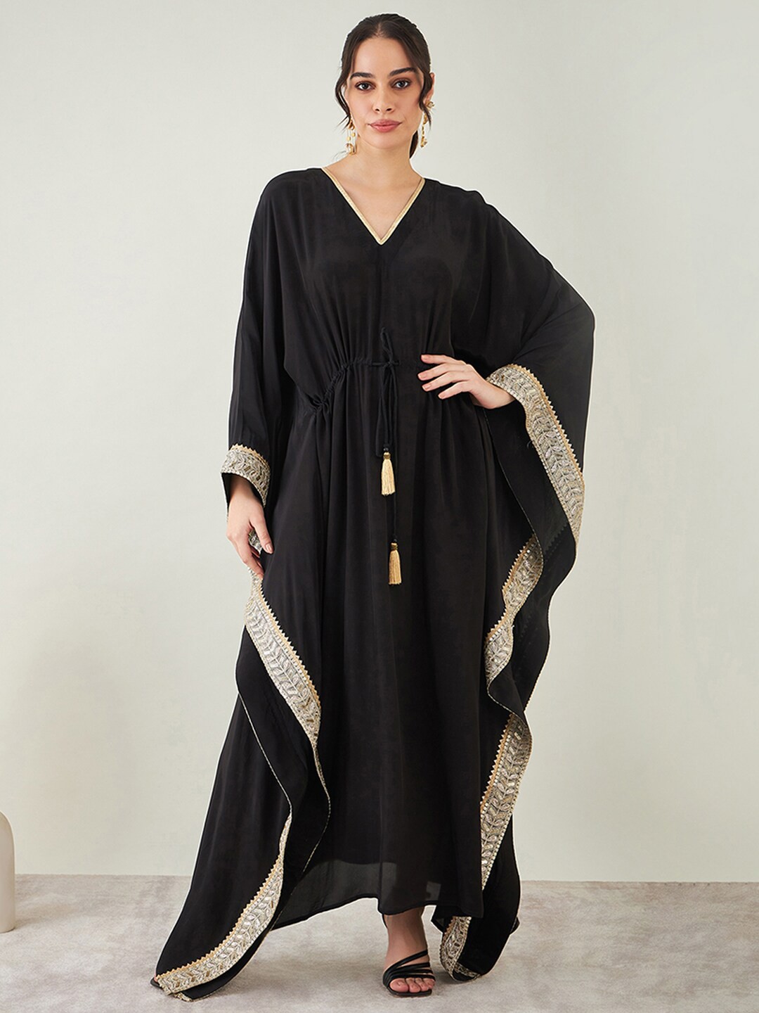 

First Resort by Ramola Bachchan V-Neck Kimono Sleeves Kaftan Maxi Ethnic Dress, Black