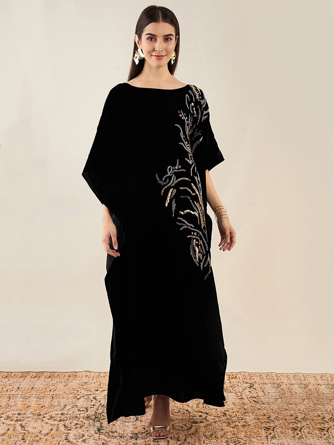 

First Resort by Ramola Bachchan Embroidered Kimono Sleeve Velvet Kaftan Maxi Dress, Black