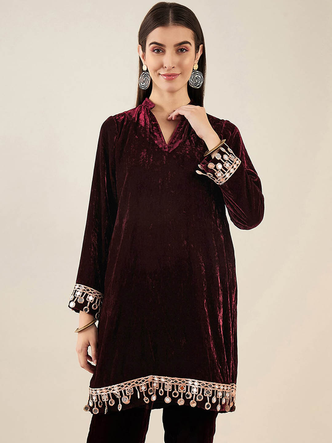 

First Resort by Ramola Bachchan Mirror Work Mandarin Collar Straight Kurta, Maroon