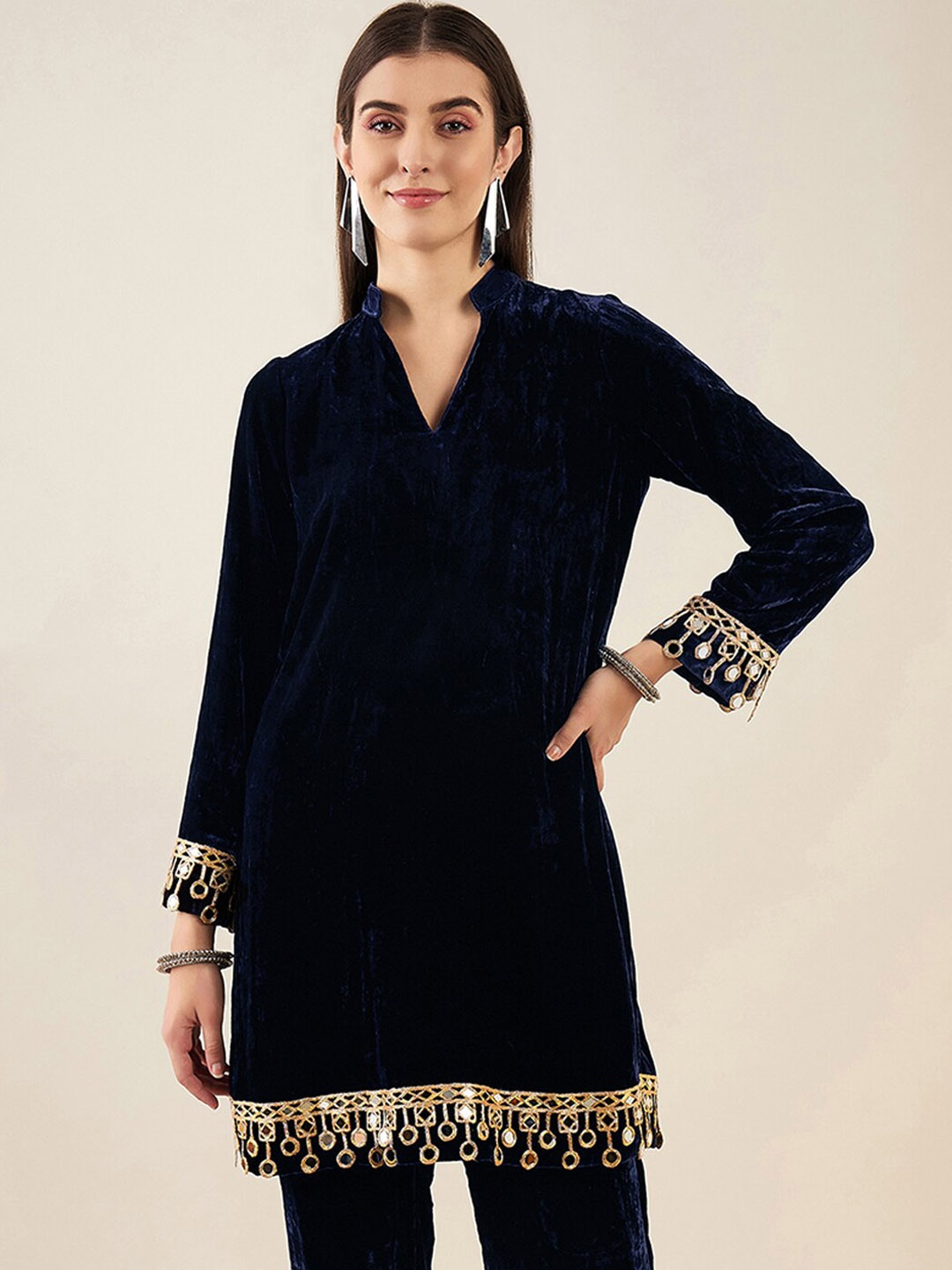 

First Resort by Ramola Bachchan Mirror Work Mandarin Collar Straight Kurta, Blue
