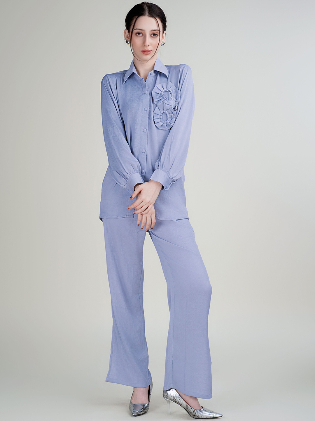 

HOUSE OF MIRA Shirt-Collar Shirt With Trouser Co-Ords, Blue