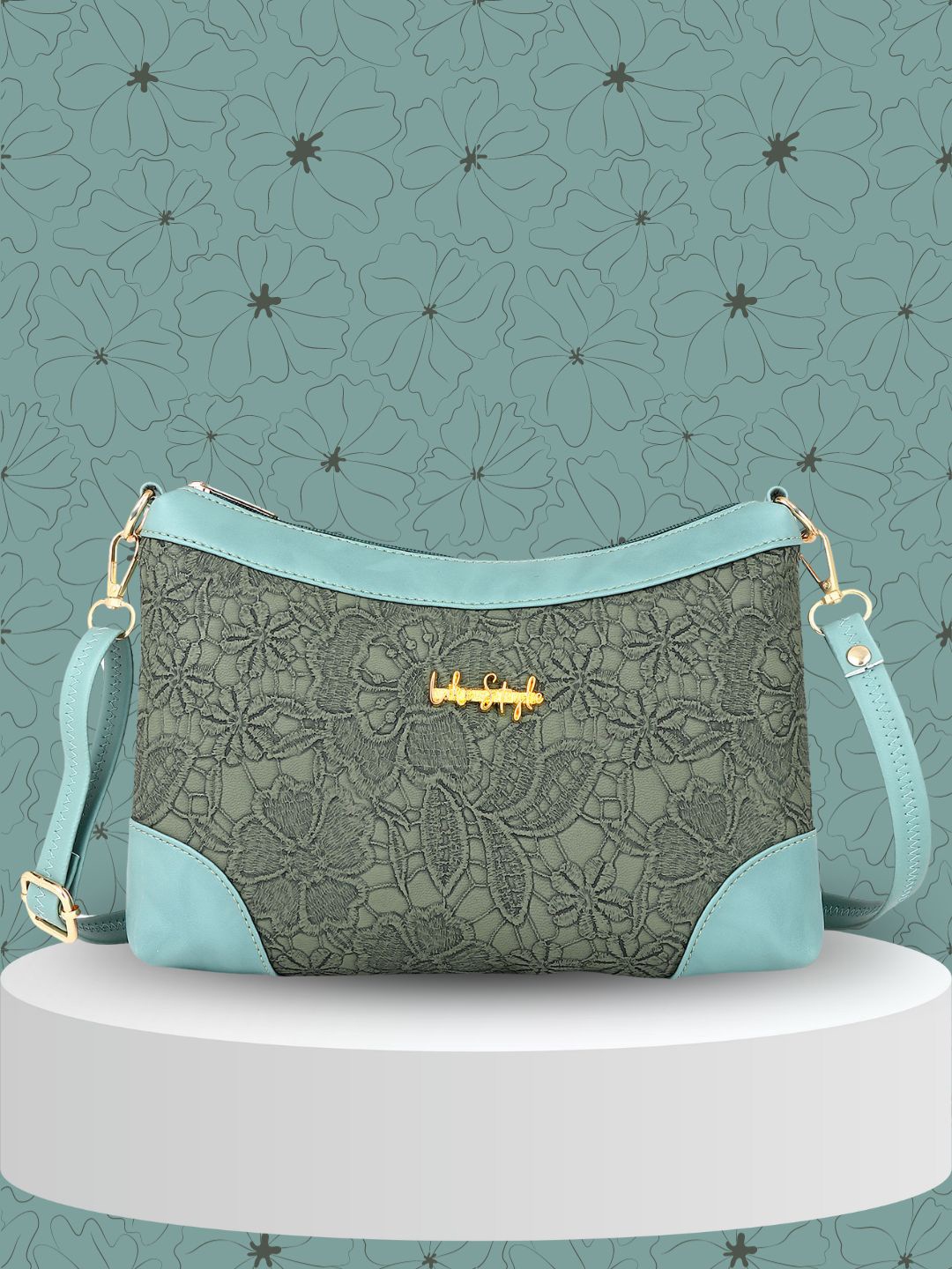 

LIKE STYLE Floral Self Design Structured Sling Bag, Green