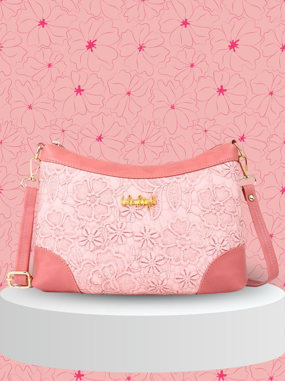 

LIKE STYLE Floral Self Design Structured Sling Bag, Pink
