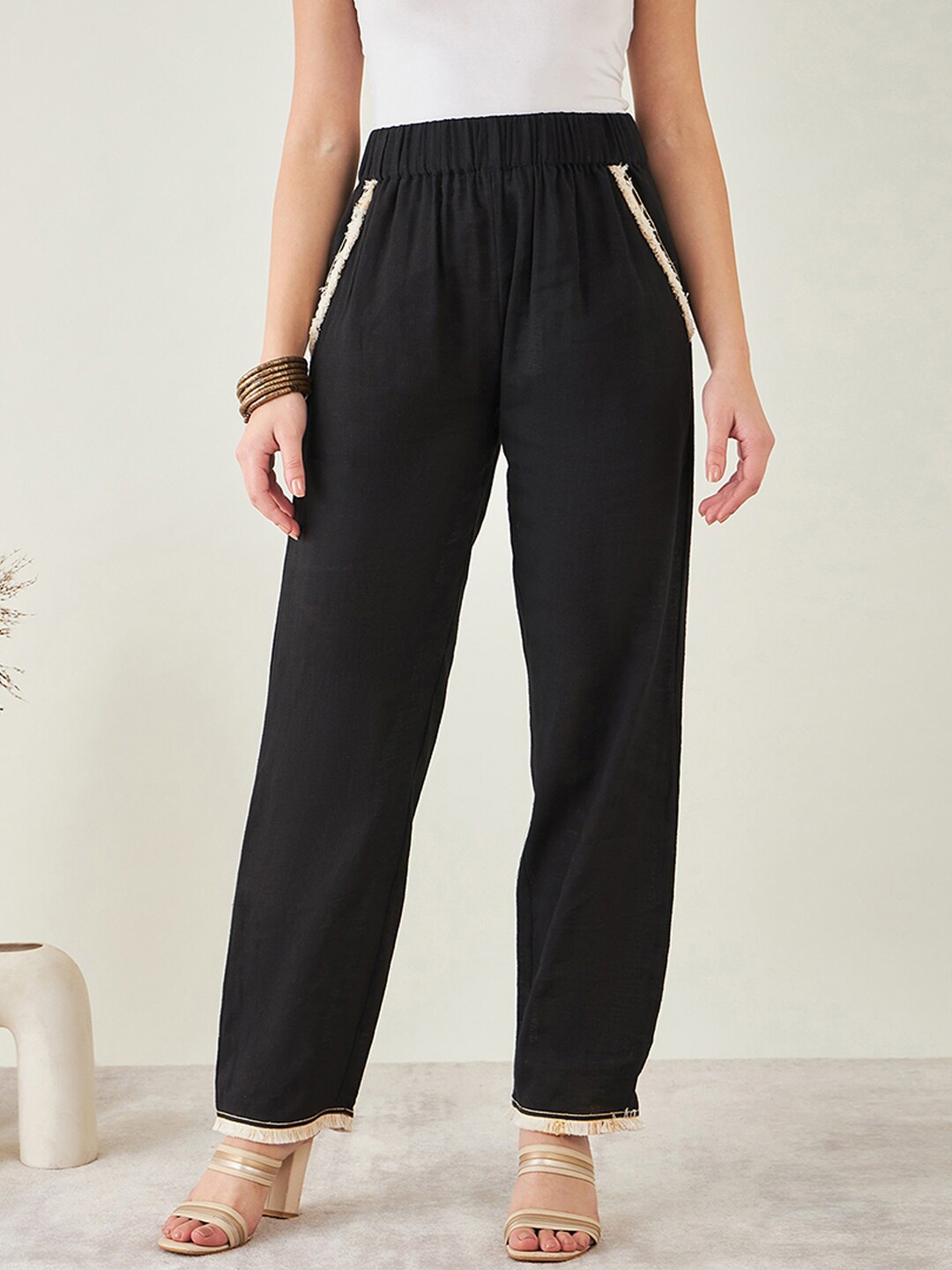 

First Resort by Ramola Bachchan Women Lace Details Mid Rise Linen Trousers, Black