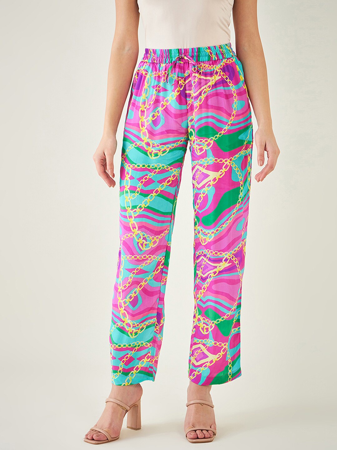 

First Resort by Ramola Bachchan Abstract Printed Mid-Rise Palazzos, Pink