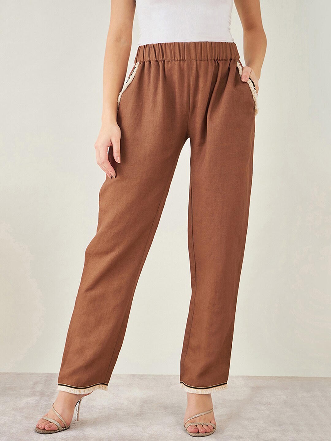 

First Resort by Ramola Bachchan Lace Detail Mid-Rise Linen Trousers, Brown