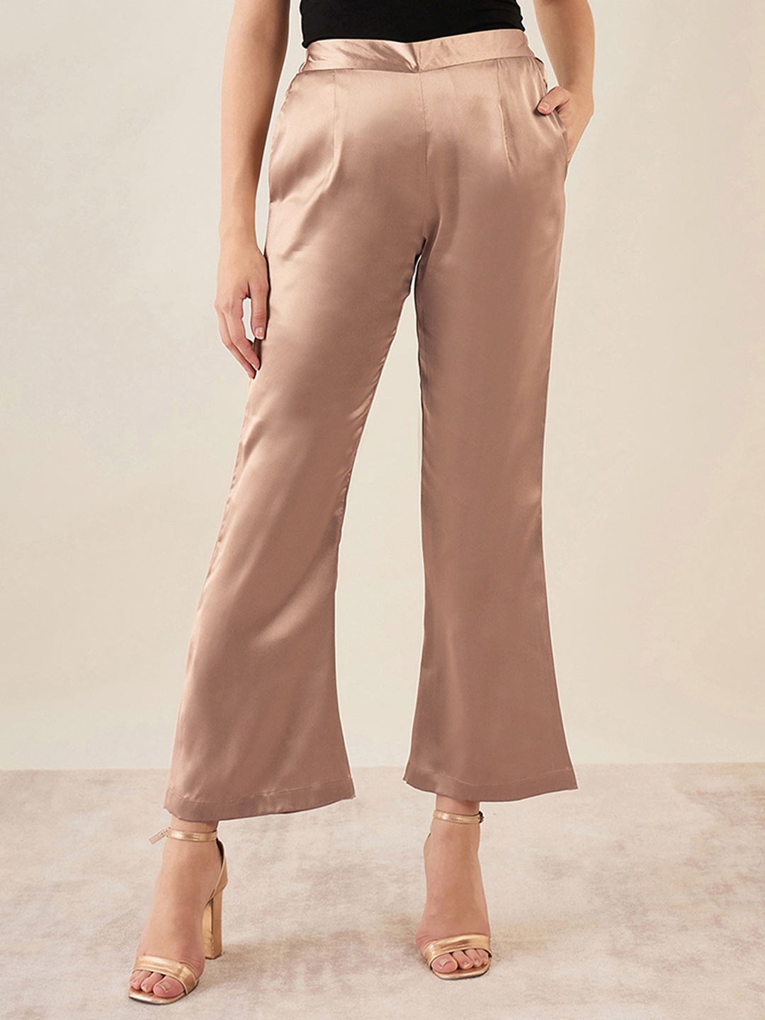 

First Resort by Ramola Bachchan Women Flared Mid-Rise Satin Cropped Trouser, Brown
