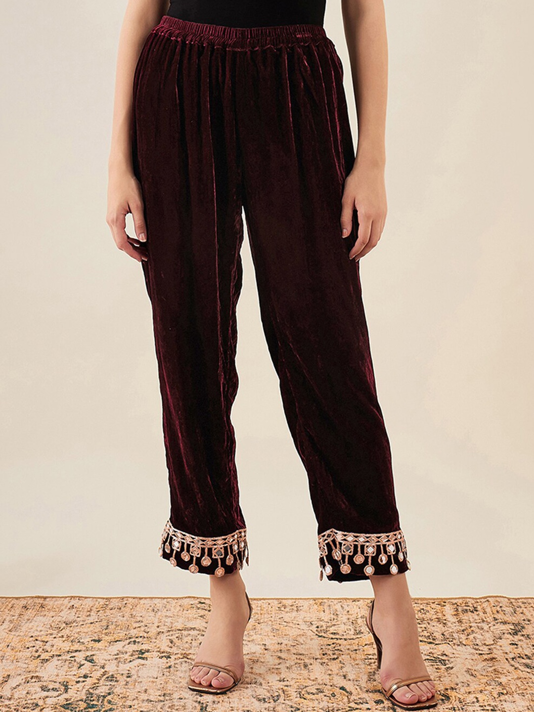 

First Resort by Ramola Bachchan Mirror Lace Detail Velvet Palazzos, Maroon