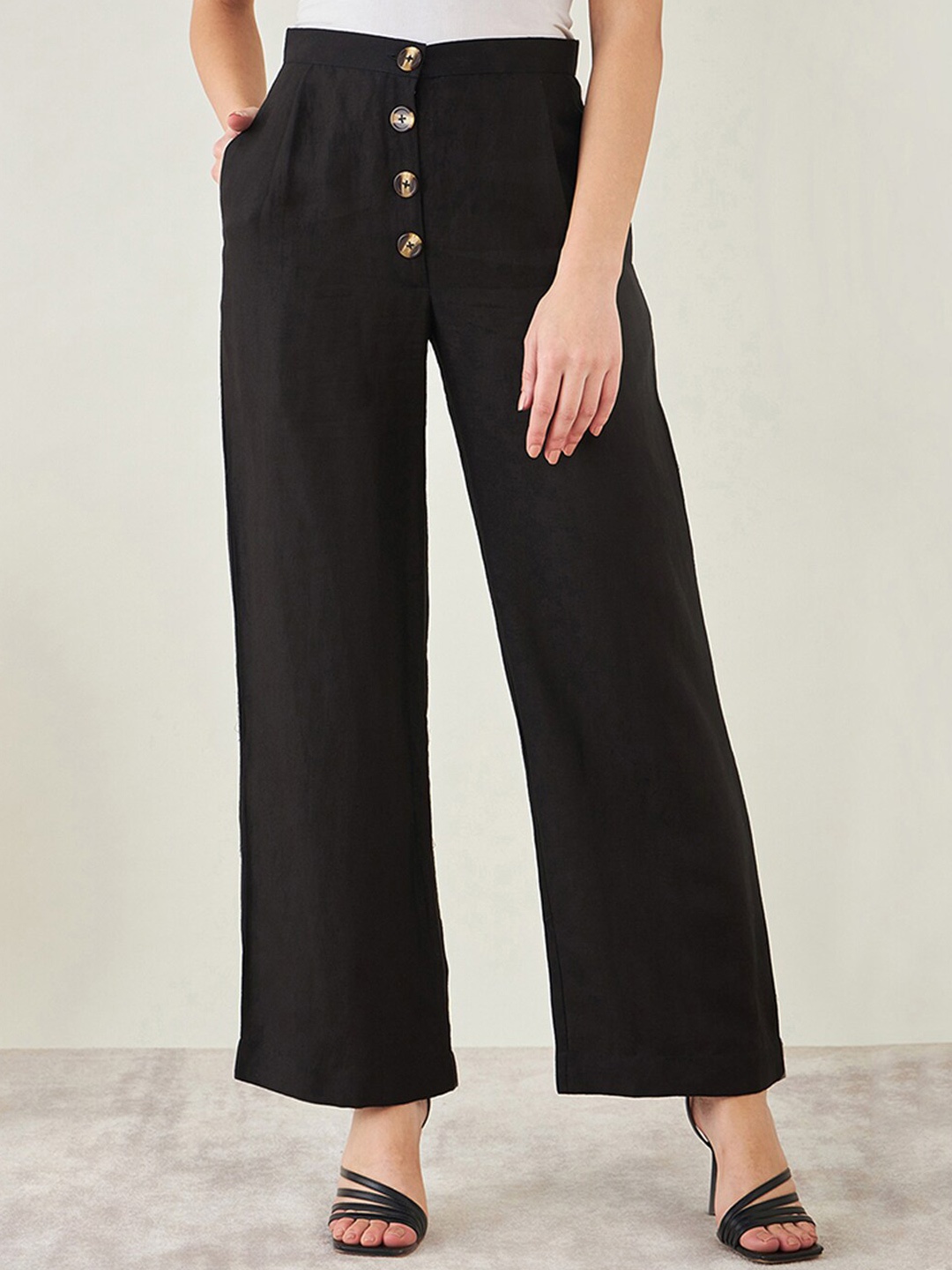 

First Resort by Ramola Bachchan High-Rise Straight Linen Palazzos, Black