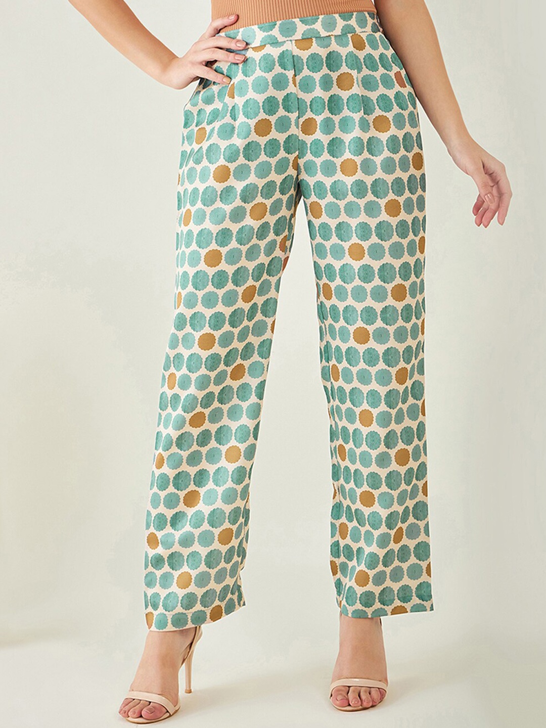 

First Resort by Ramola Bachchan Women Polka Dot Printed Modal Trousers, Cream