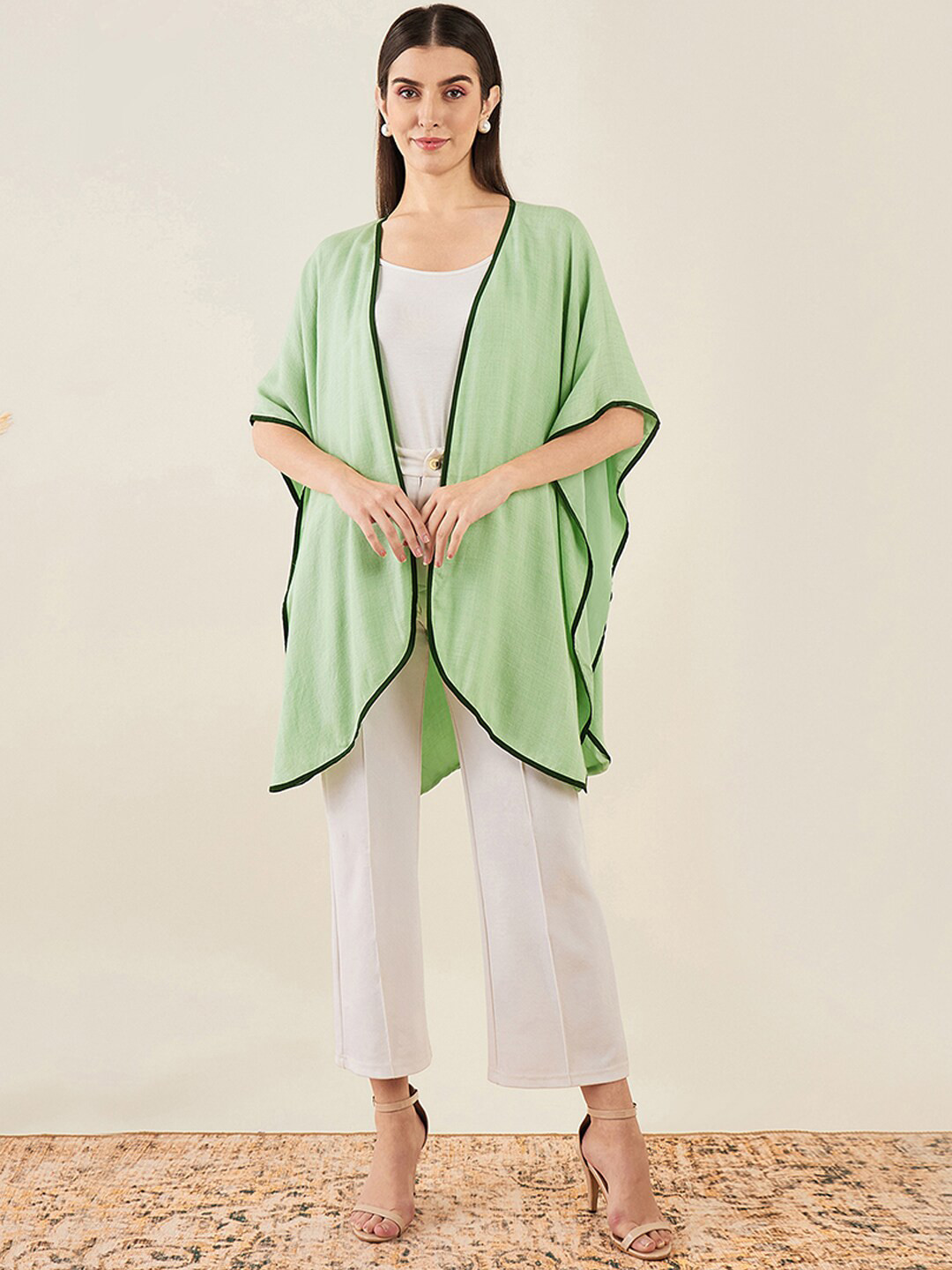 

First Resort by Ramola Bachchan Asymmetric Open Front Shrug, Green