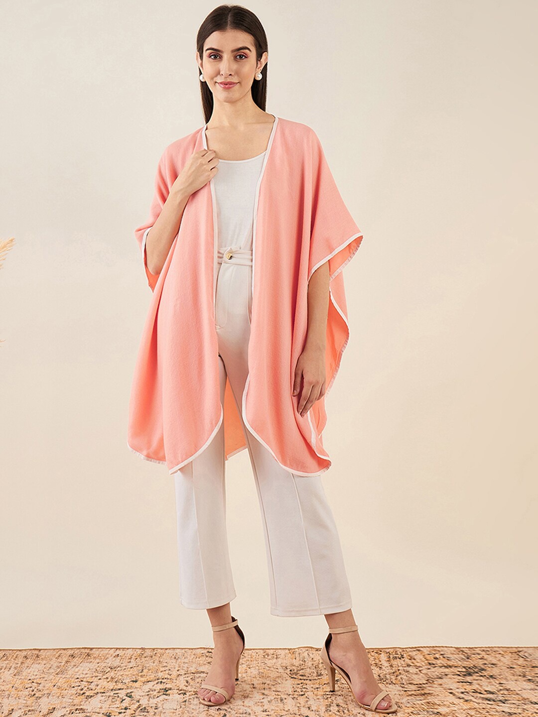 

First Resort by Ramola Bachchan Asymmetric Open Front Longline Shrug, Peach