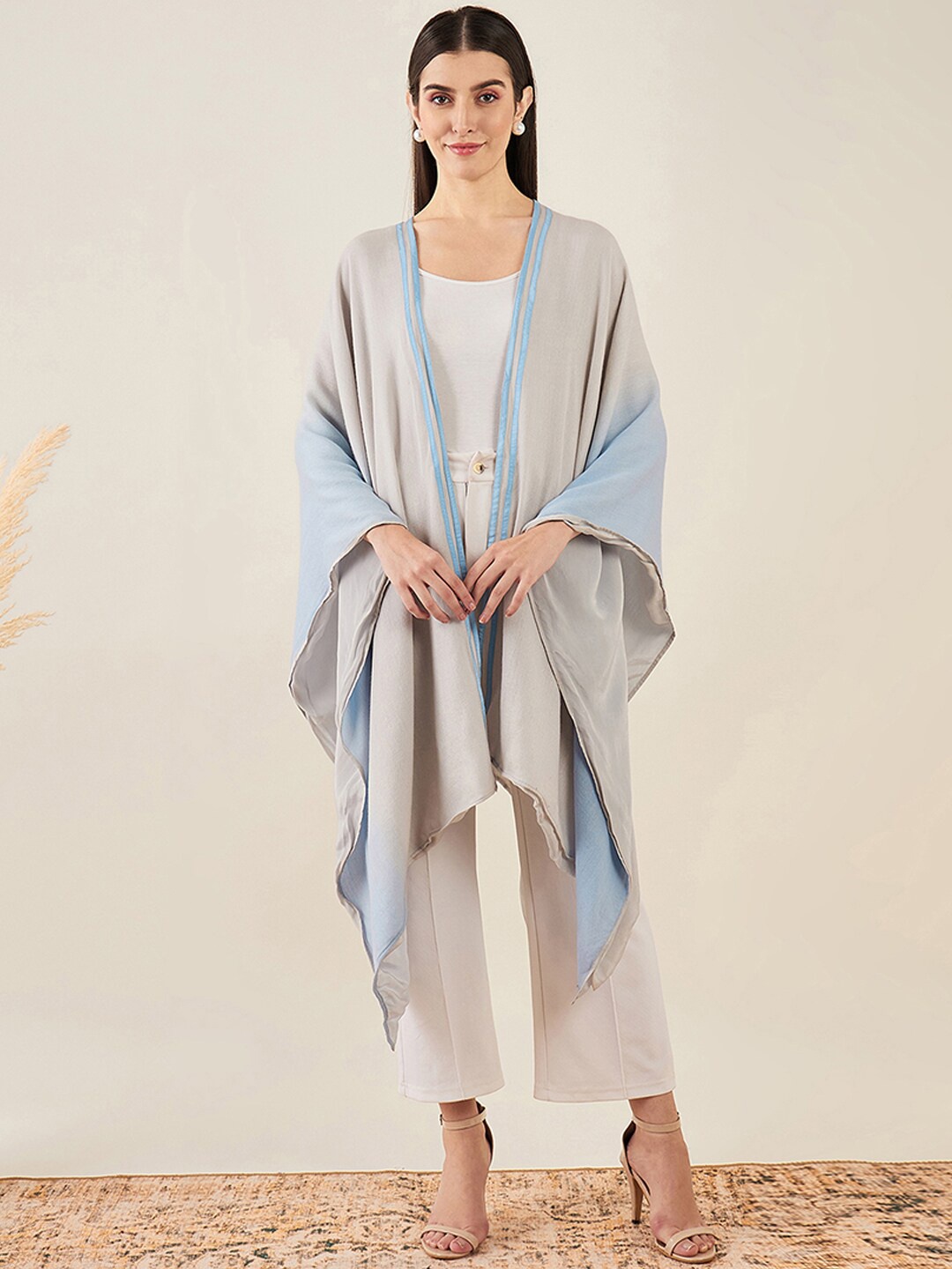 

First Resort by Ramola Bachchan Asymmetric Open Front Longline Shrug, Grey