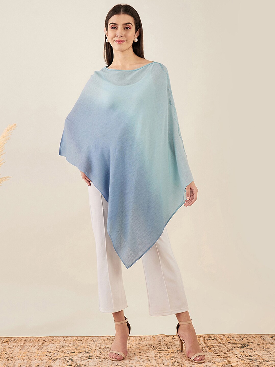 

First Resort by Ramola Bachchan Round Neck Longline Cashmere Poncho, Blue