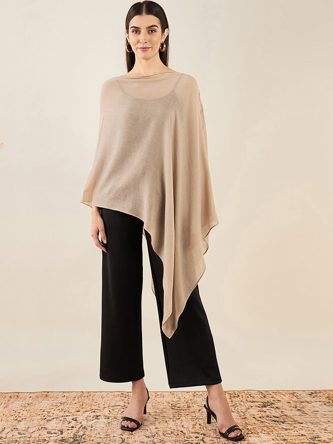 

First Resort by Ramola Bachchan Round Neck Cashmere Poncho, Beige