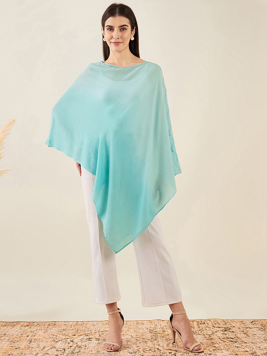 

First Resort by Ramola Bachchan Boat Neck Embellished Detail Poncho, Green