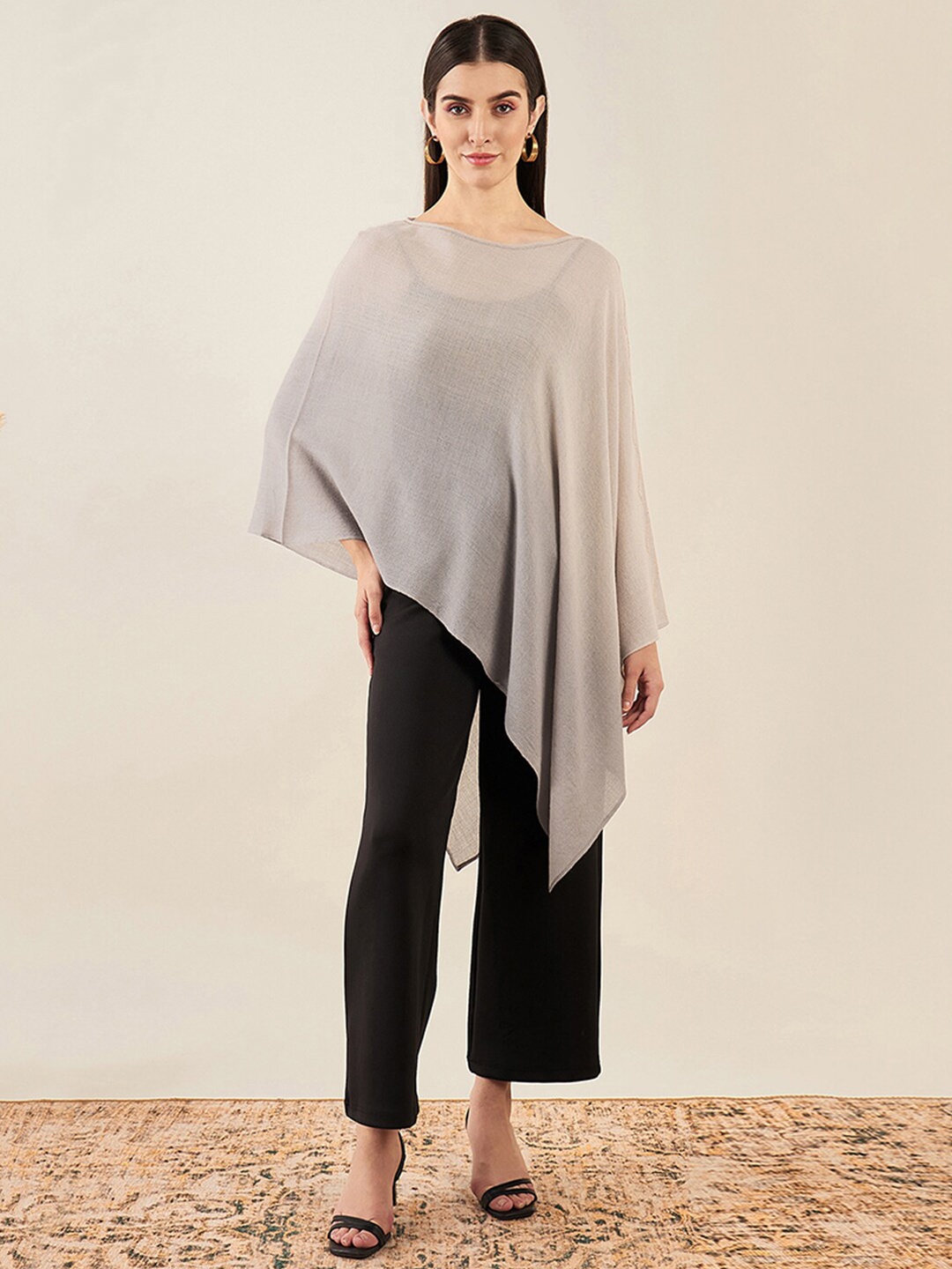 

First Resort by Ramola Bachchan Boat Neck Embellished Detail Poncho, Beige