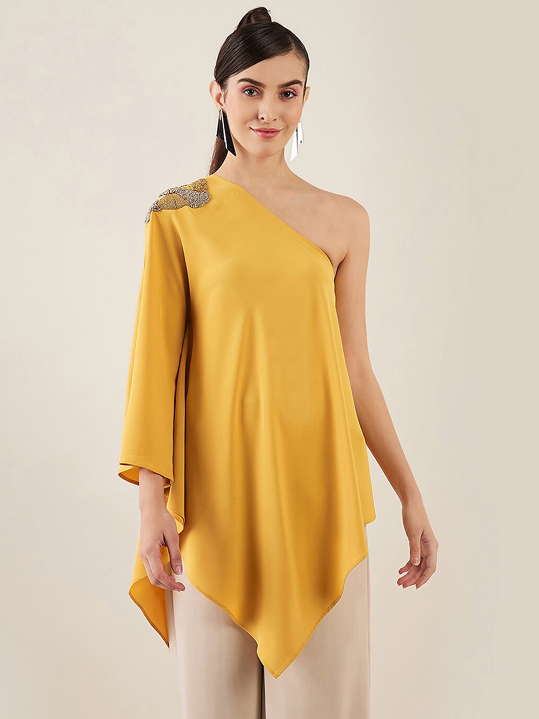 

First Resort by Ramola Bachchan One Shoulder Extended Sleeves A-Line Top, Mustard