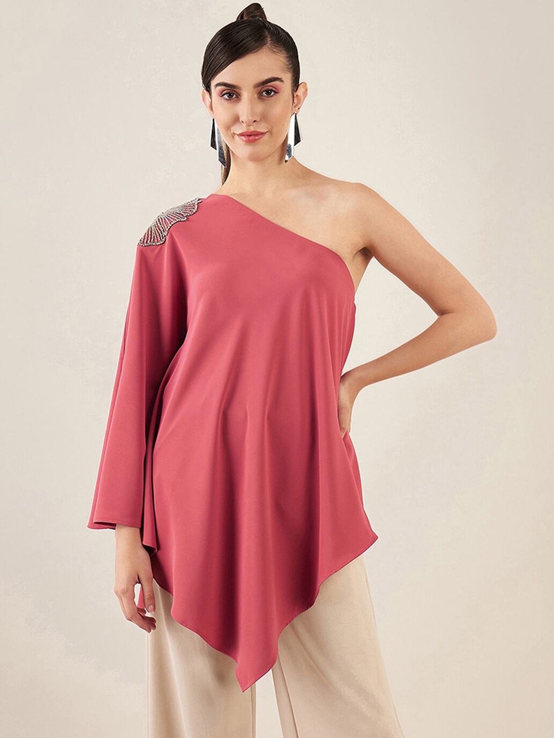 

First Resort by Ramola Bachchan One Shoulder Extended Sleeves A-Line Top, Red