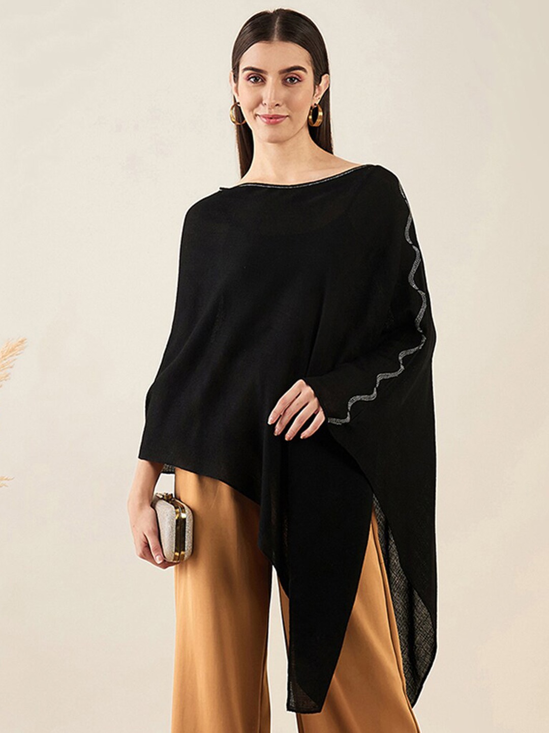 

First Resort by Ramola Bachchan Boat Neck Embellished Detail Poncho, Black