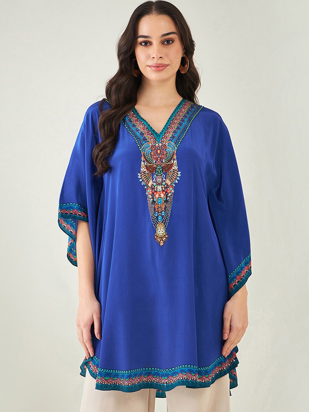 

First Resort by Ramola Bachchan Embellished V-Neck Kaftan Tunic, Blue