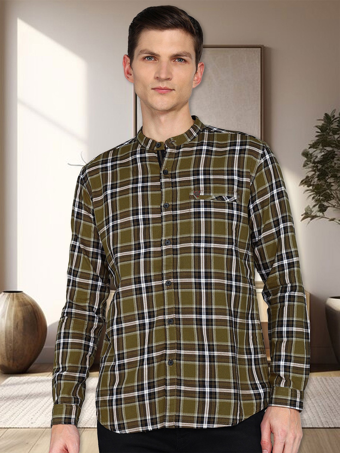 

Kuons Avenue Smart Slim Fit Tartan Checks Cotton Casual Shirt, Khaki