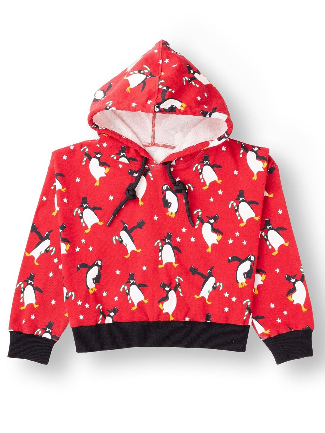 

AMPED Girls Conversational Printed Hood Neck Cut Out Cotton Top with hoodie, Red