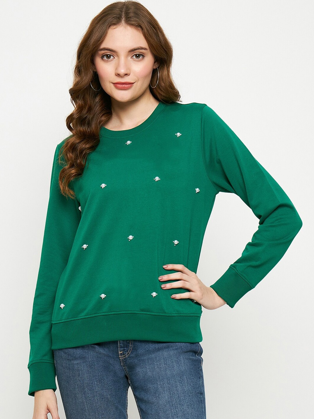 

STROP Round Neck Embellished Fleece Pullover Sweatshirt, Green