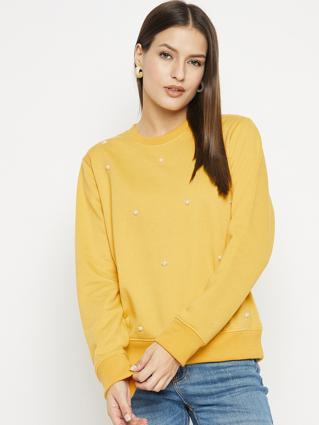 

STROP Round Neck Embellished Fleece Pullover Sweatshirt, Yellow