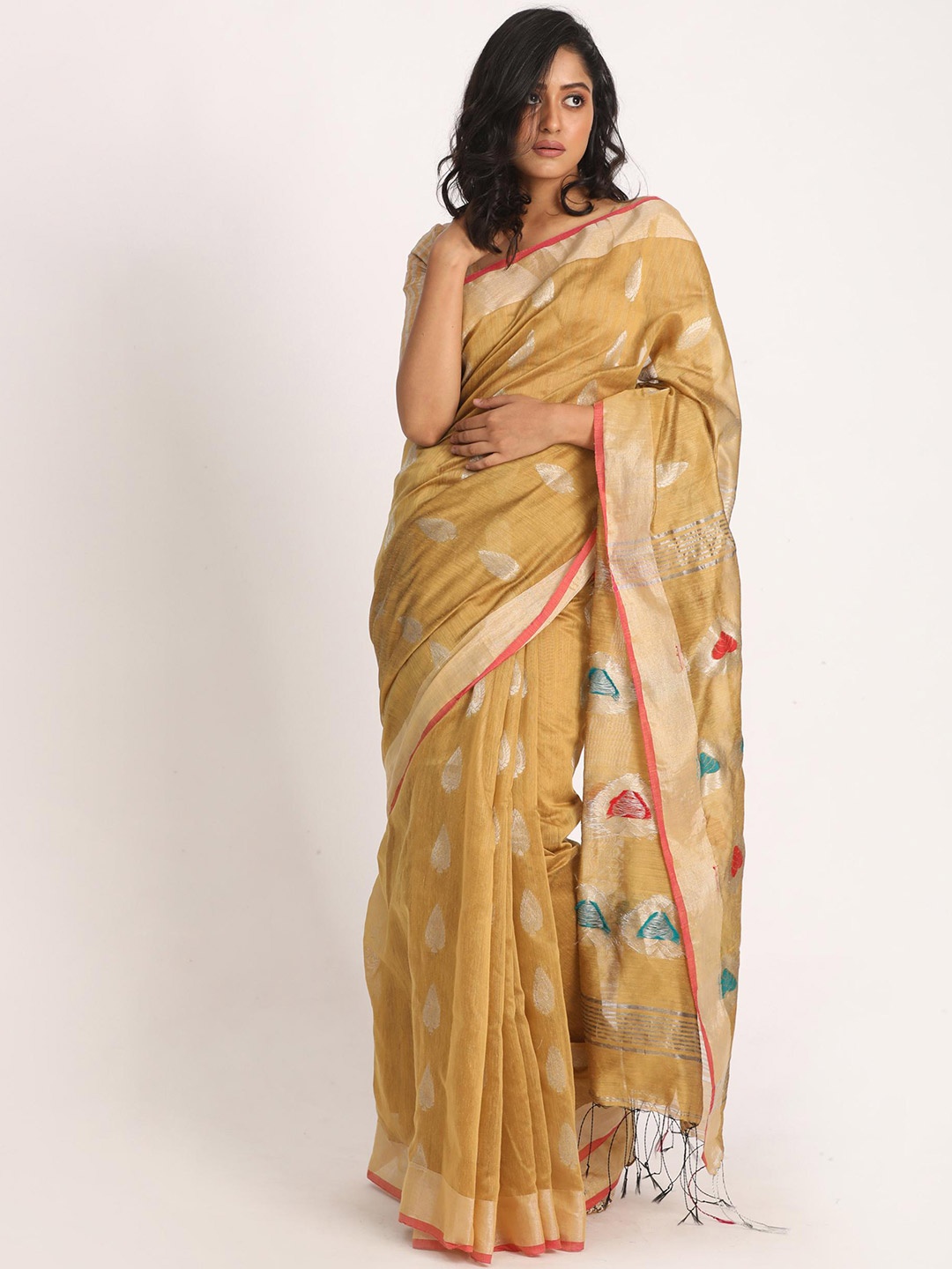 

Angoshobha Ethnic Motifs Woven Design Zari Jamdani Saree, Beige