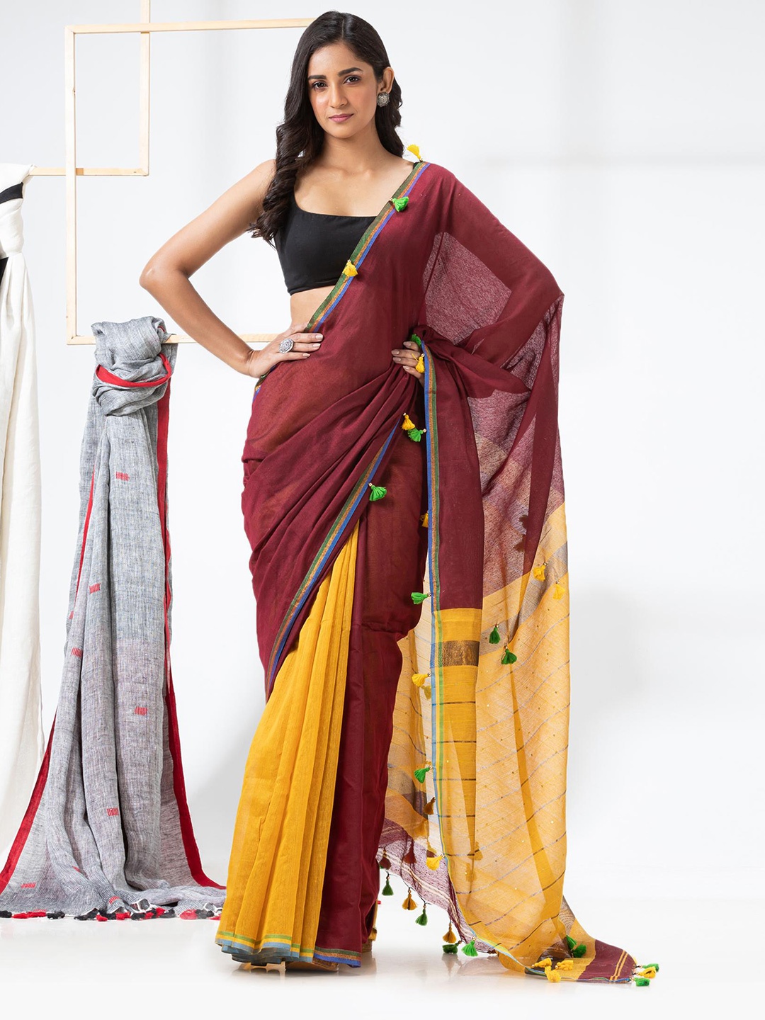 

Angoshobha Colourblocked Sequinned Half and Half Saree, Maroon