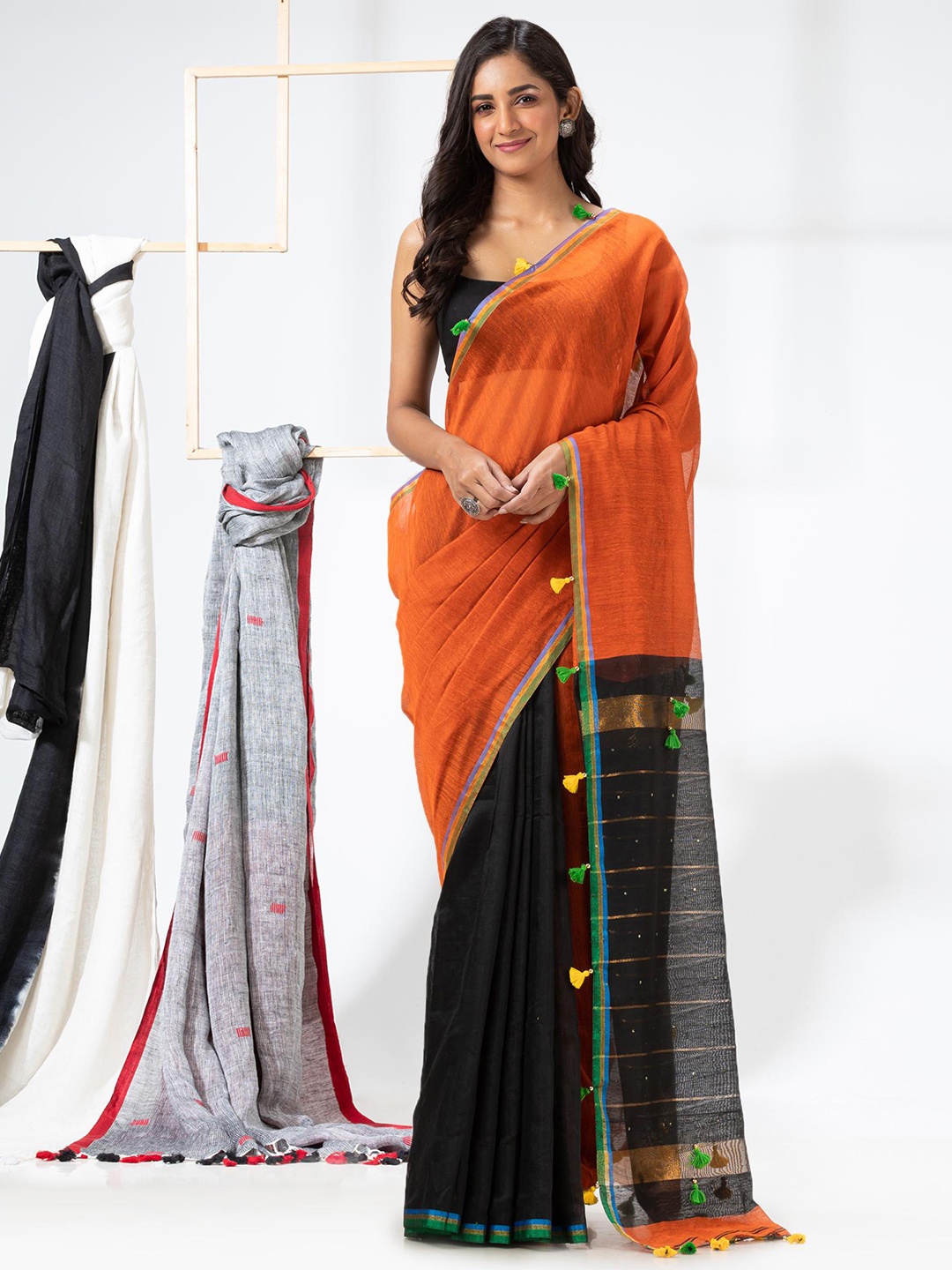 

Angoshobha Colourblocked Sequinned Half and Half Saree, Orange