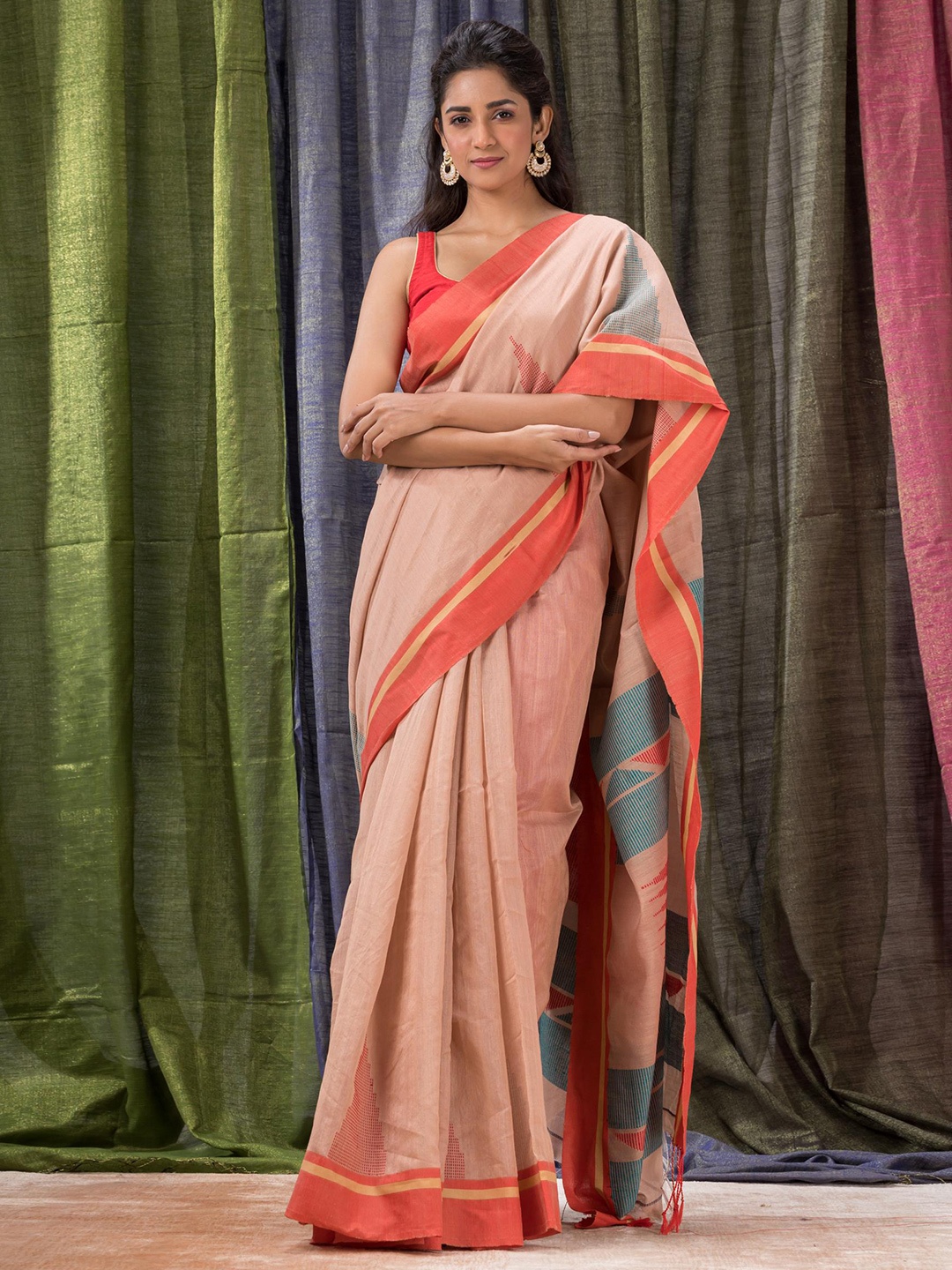 

Angoshobha Geometric Woven Design Jamdani Saree, Beige