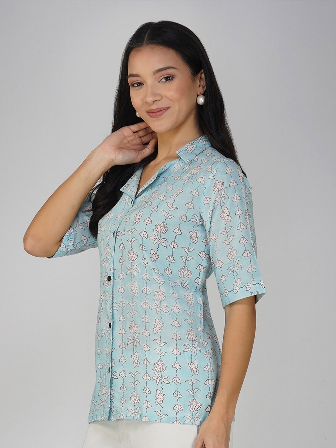 

SPARSA Classic Floral Printed Cuban Collar Pure Cotton Casual Shirt, Blue