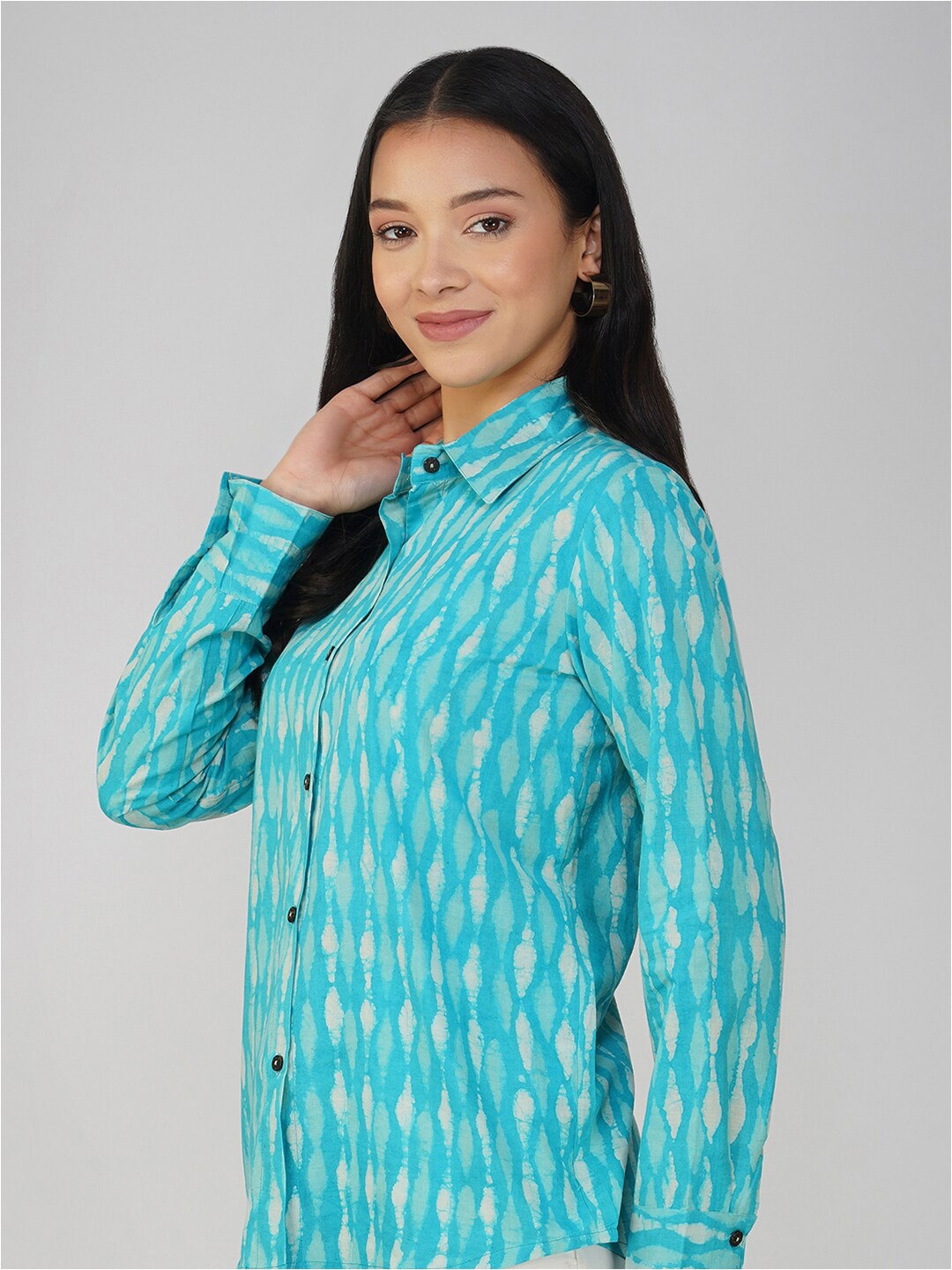 

SPARSA Classic Abstract Block Printed Long Sleeves Cotton Casual Shirt, Blue
