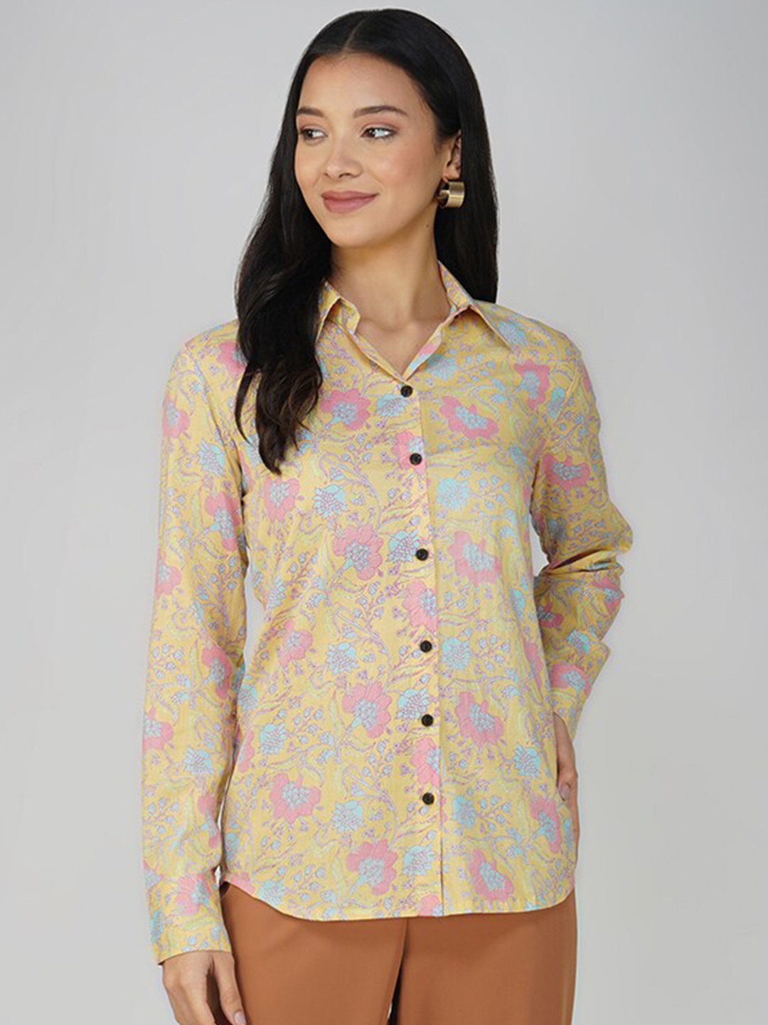 

SPARSA Classic Floral Printed Spread Collar Pure Cotton Casual Shirt, Yellow