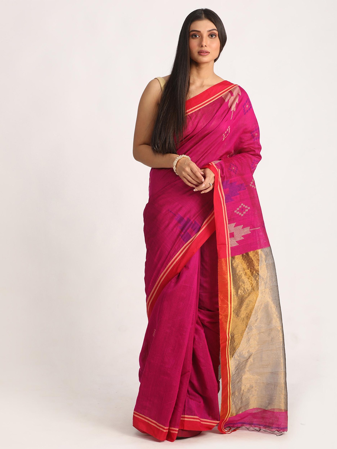 

Angoshobha Ethnic Motifs Woven Design Jamdani Saree, Pink