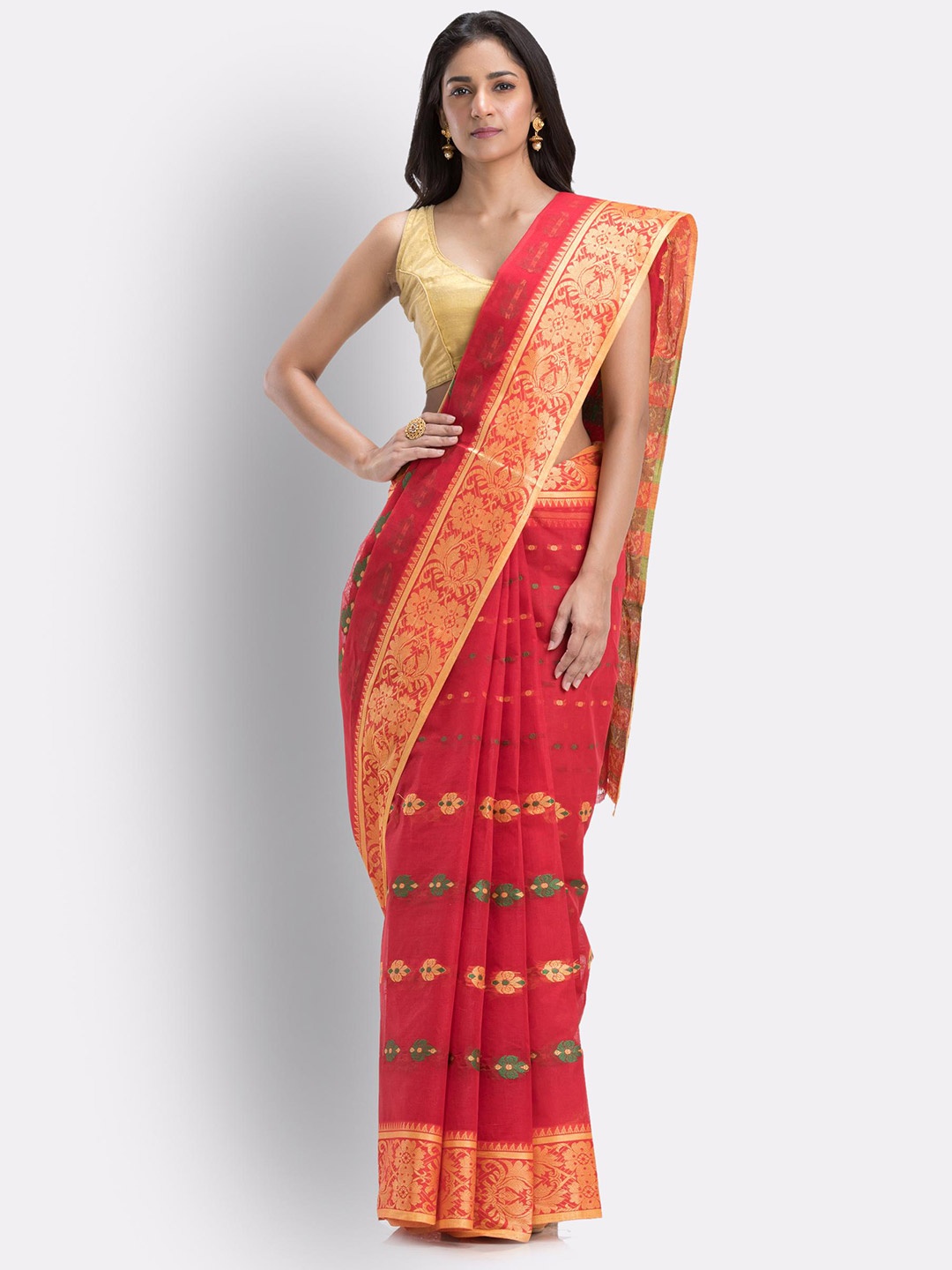 

Angoshobha Ethnic Motifs Woven Design Pure Cotton Saree, Red