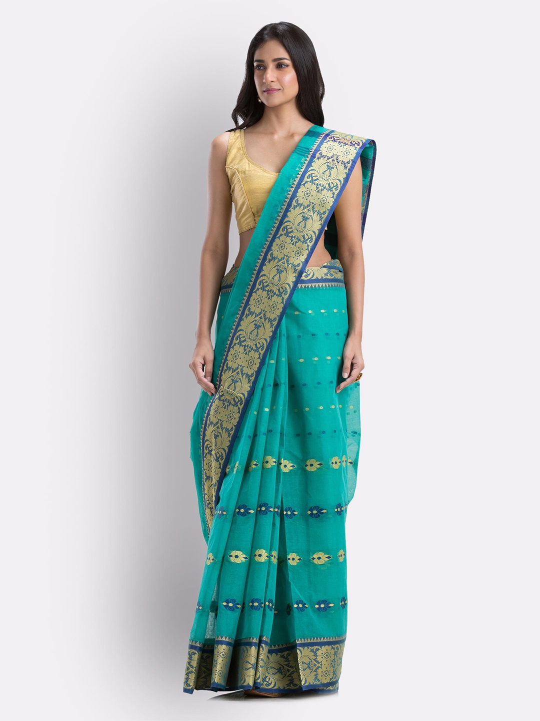 

Angoshobha Ethnic Motifs Woven Design Pure Cotton Taant Saree, Turquoise blue