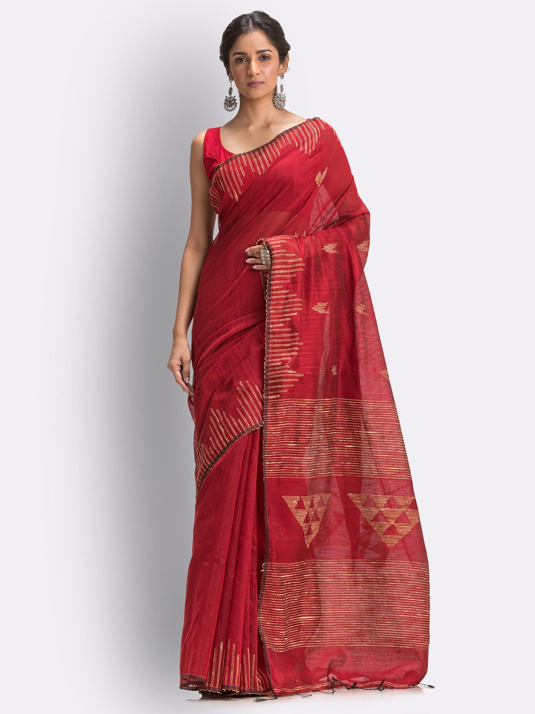 

Angoshobha Geometric Woven Design Jamdani Saree, Red