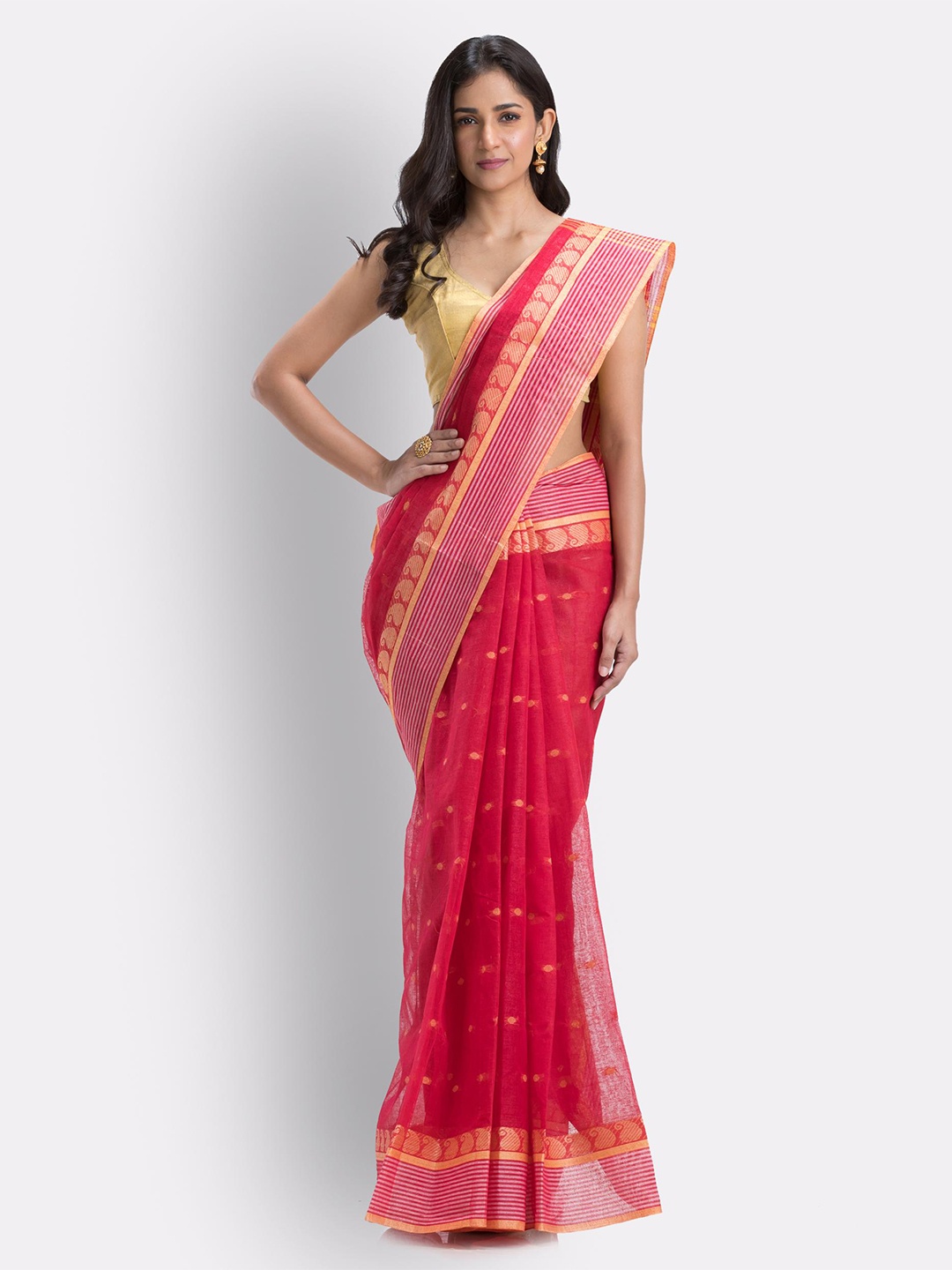 

Angoshobha Ethnic Motifs Woven Design Pure Cotton Saree, Red