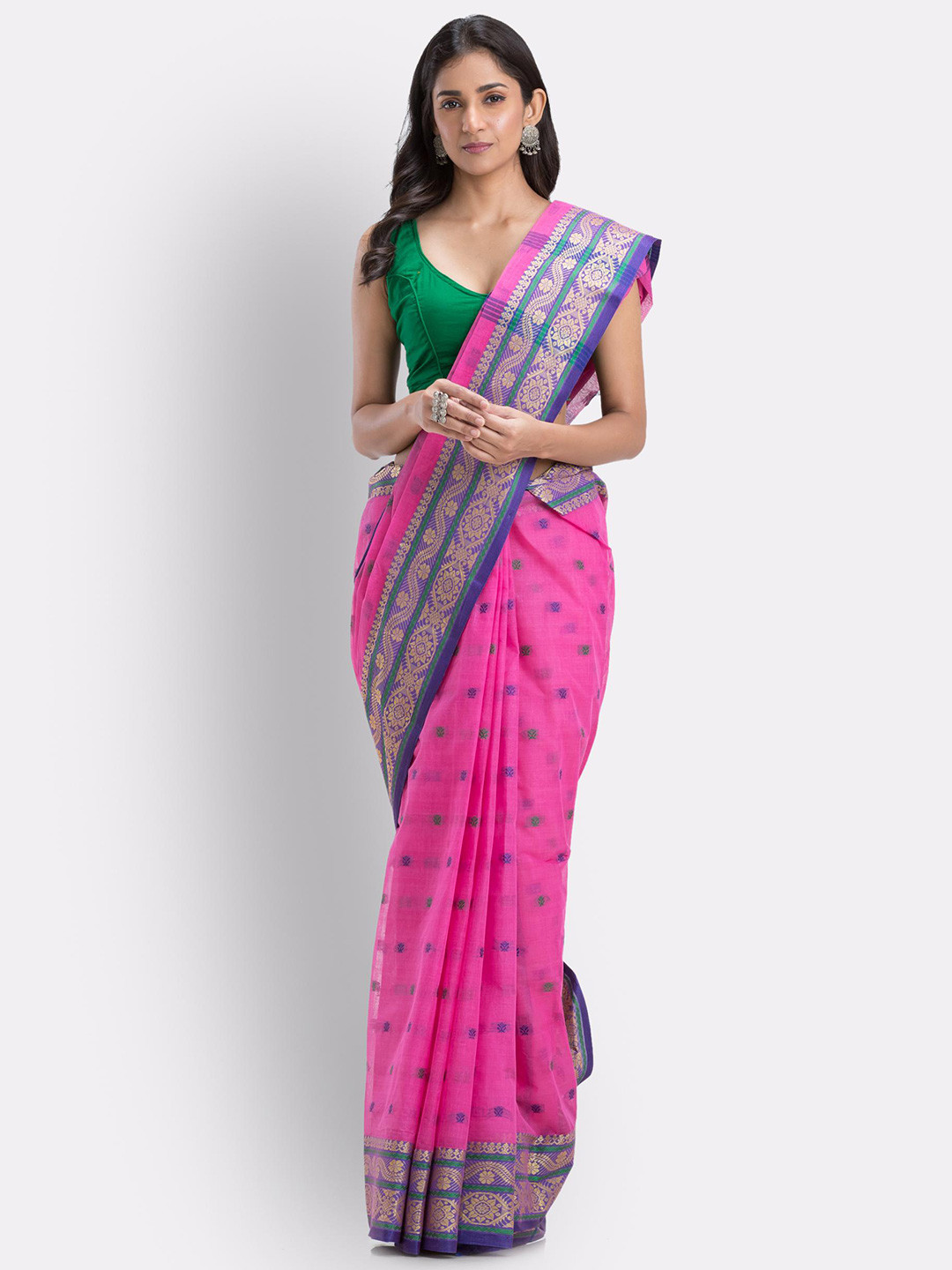 

Angoshobha Ethnic Motifs Woven Design Pure Cotton Taant Saree, Pink
