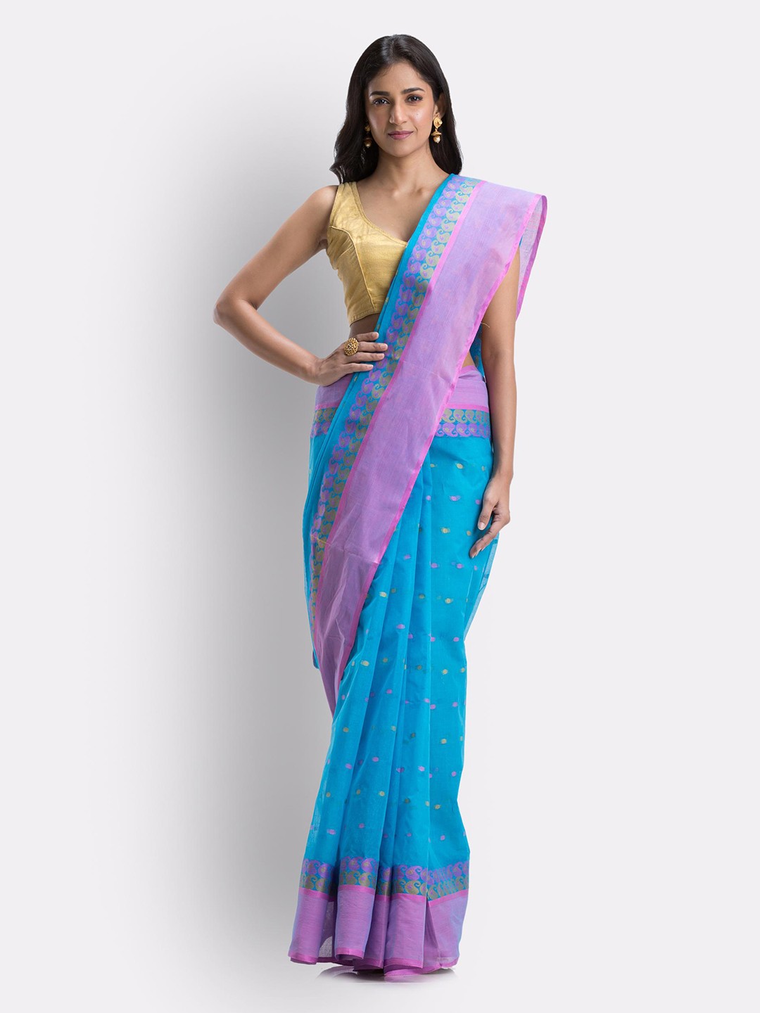 

Angoshobha Polka Dot Woven Design Pure Cotton Taant Saree, Blue