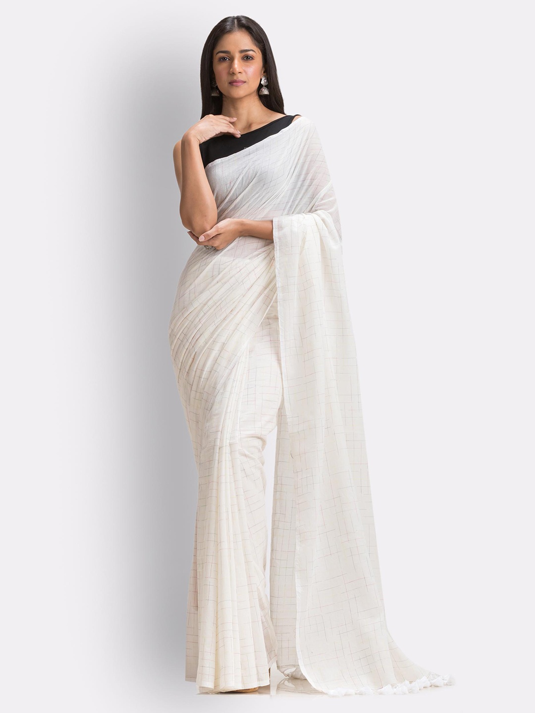 

Angoshobha Checked Pure Cotton Saree, White