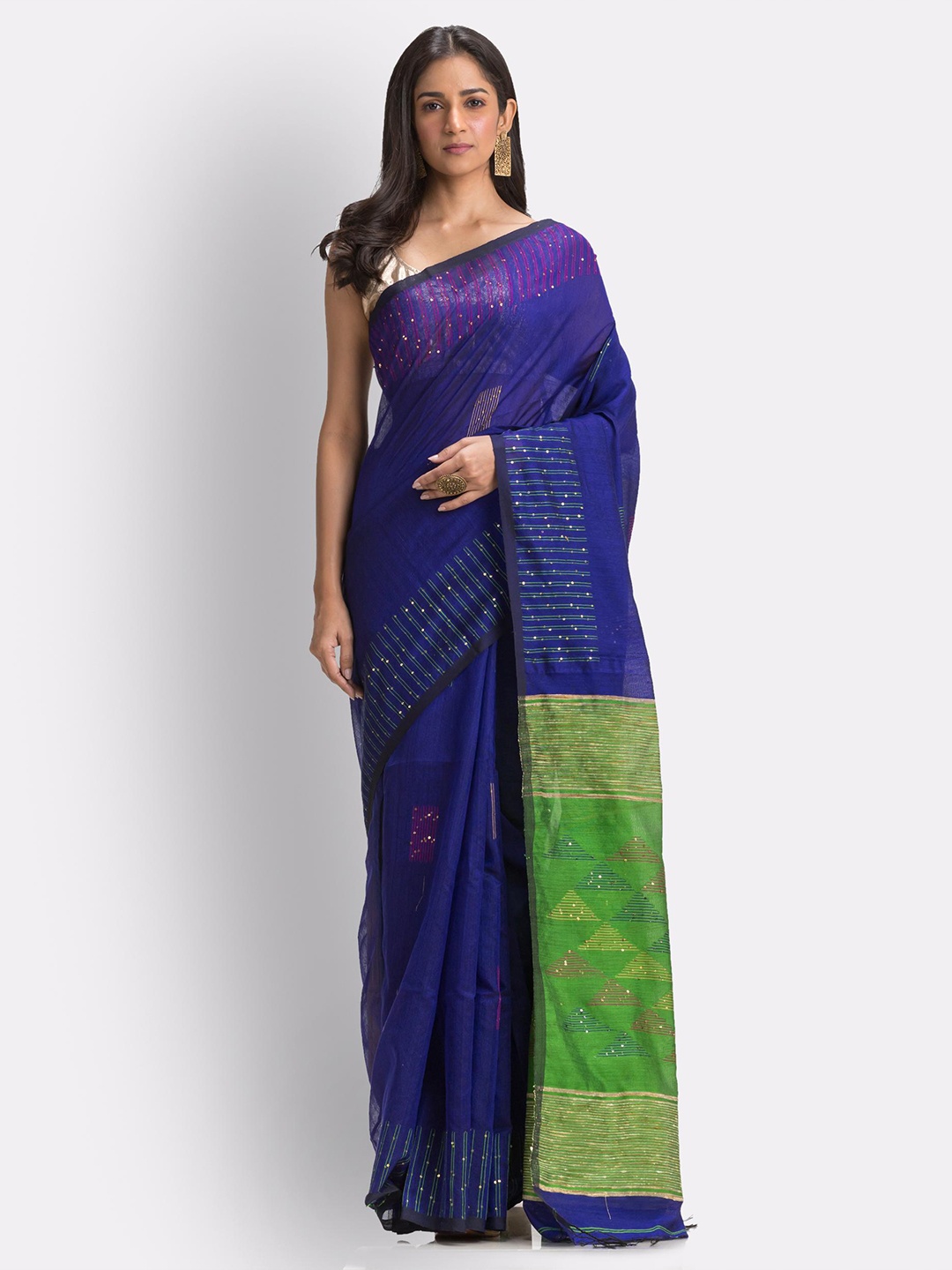 

Angoshobha Geometric Woven Design Sequinned Jamdani Saree, Blue